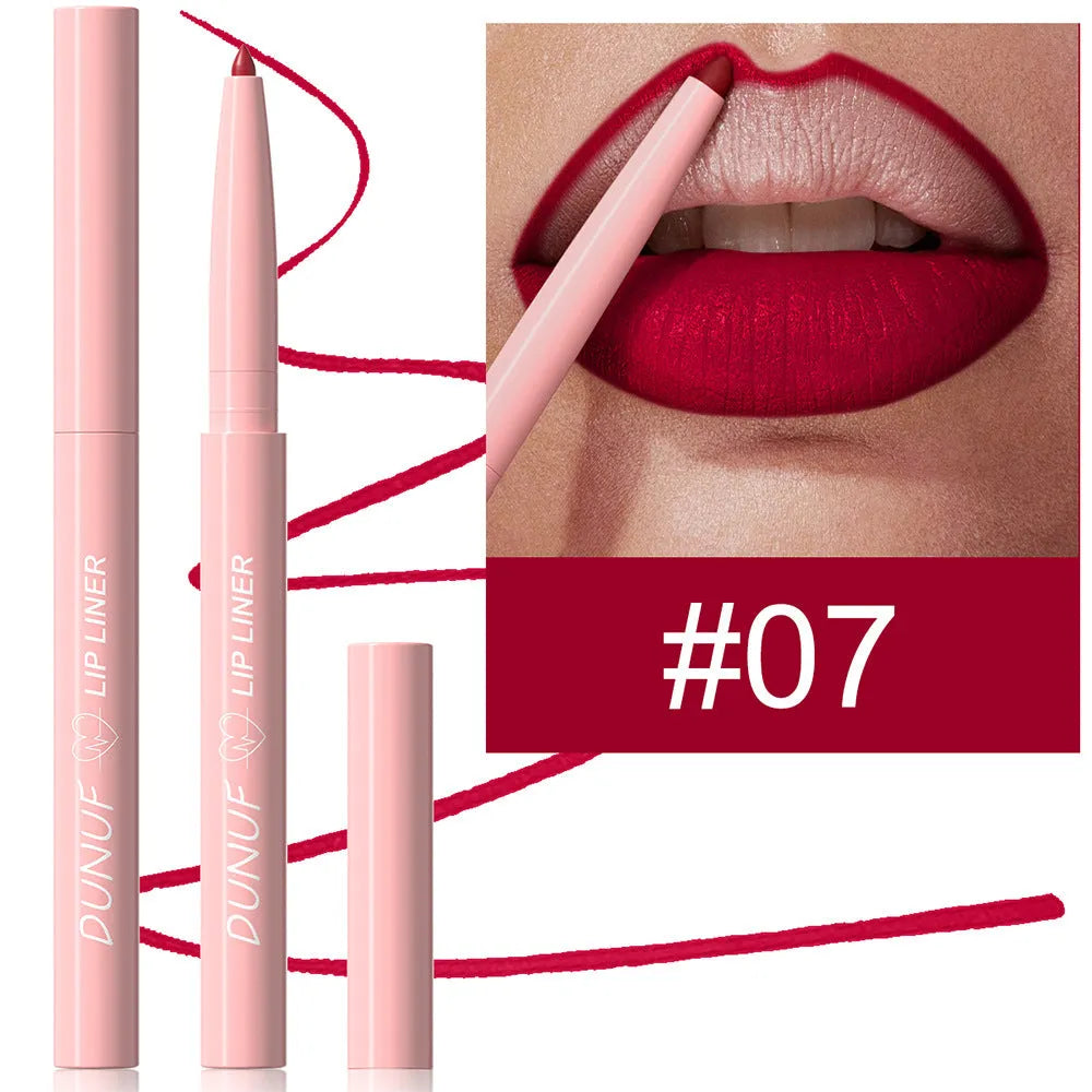 Velvet matte lip liner pencil in one of 12 available shades on a white background.