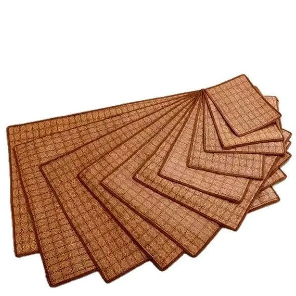 Brown rattan fibre dog cooling mat shown in multiple size options