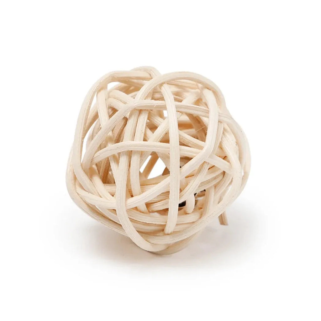 Two cat toys: hollow rattan ball with bell and colourful faux feather ball with plumes