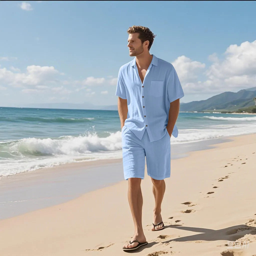 Man's light blue linen blend short-sleeve shirt and matching shorts casual beach set.