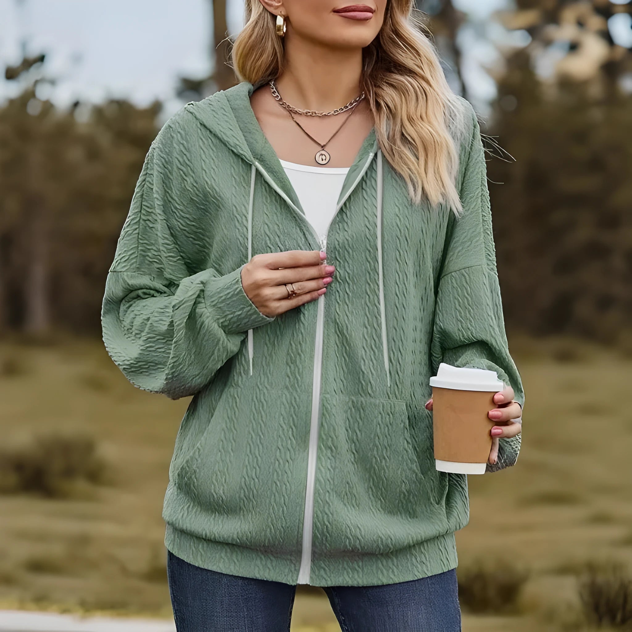 Green women's hooded zipper coat with Korean casual styling and front zipper closure