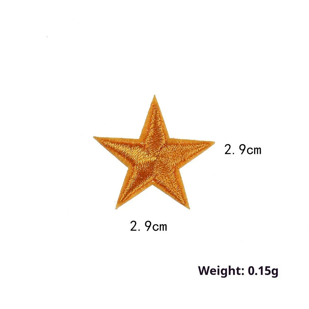 Colourful embroidered five-pointed star designs on cloth sticker labels for DIY clothing customisation.