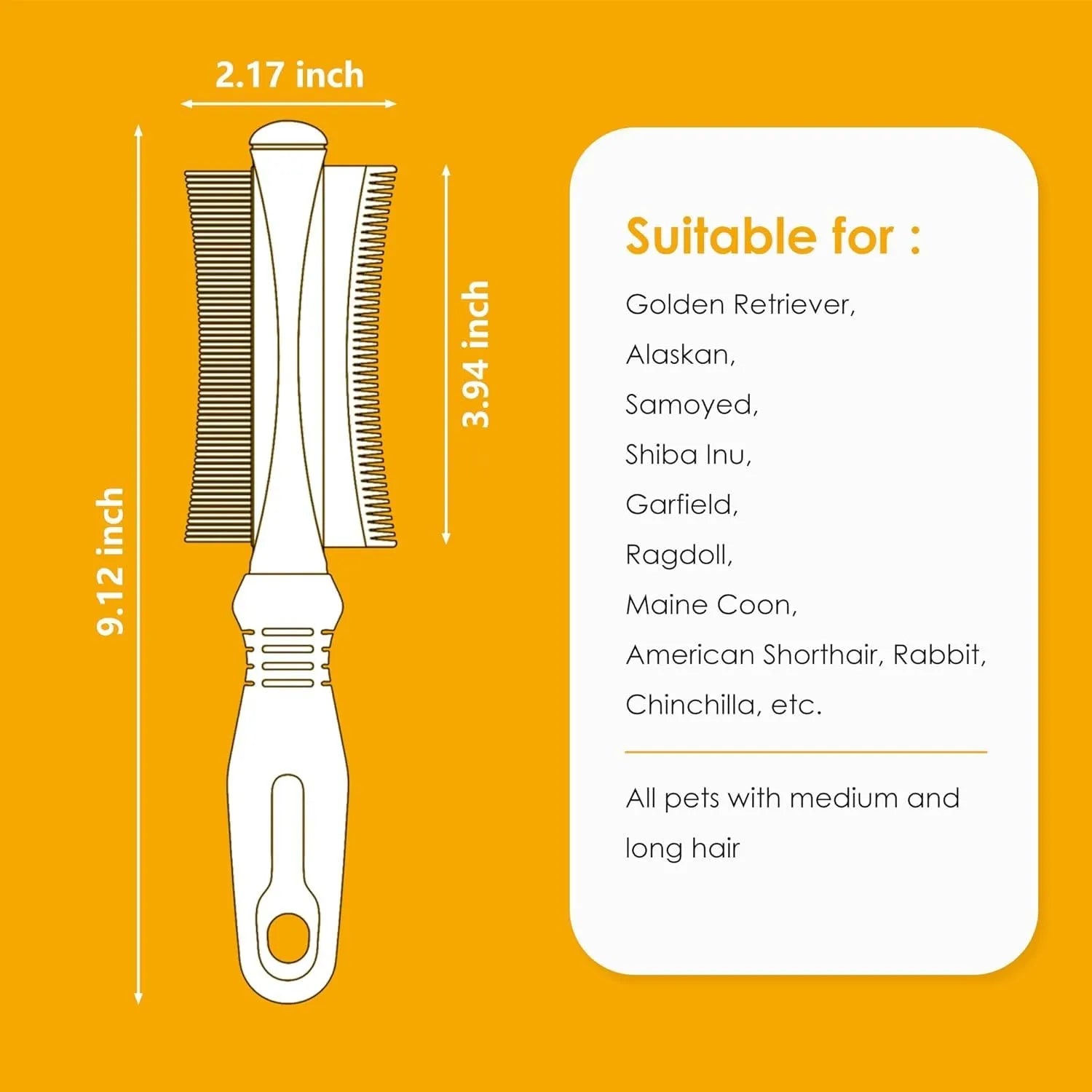 White double-sided pet deshedding brush and grooming comb with curved head and ergonomic handle.