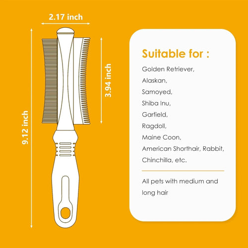 White double-sided pet deshedding brush and grooming comb with curved head and ergonomic handle.