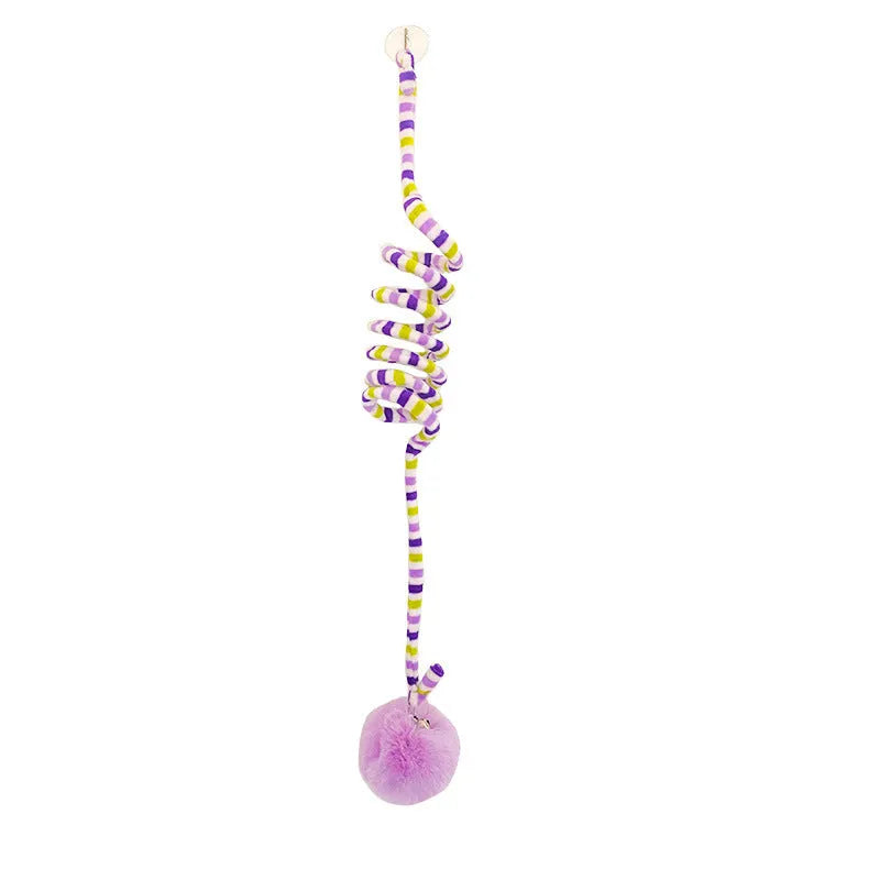 Hanging cat toy with bell stick and inflatable ball attached to door with suction cup