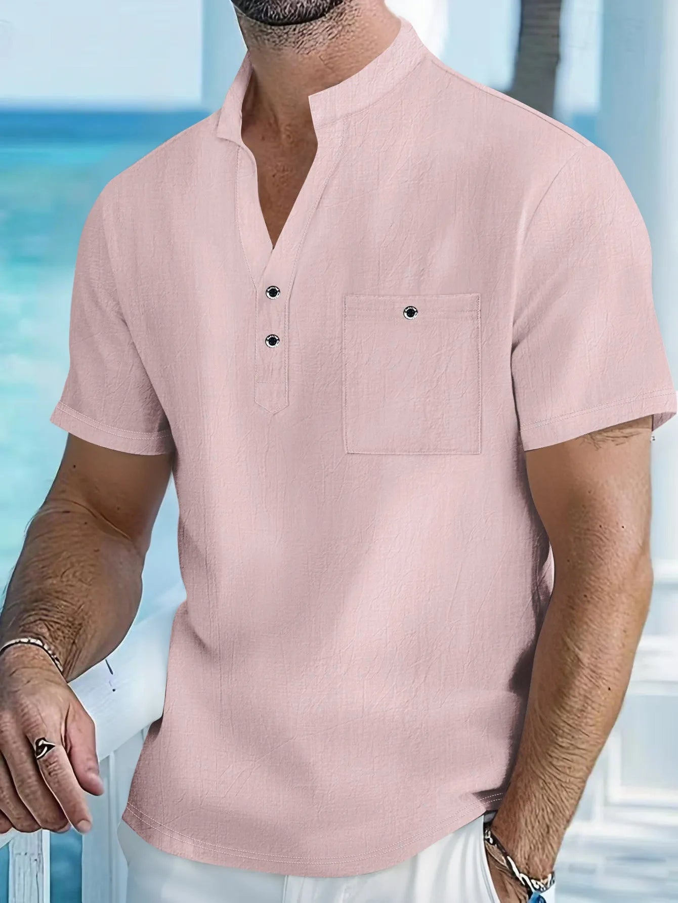 Men's linen blend stand collar short sleeve T-shirt in loose casual fit