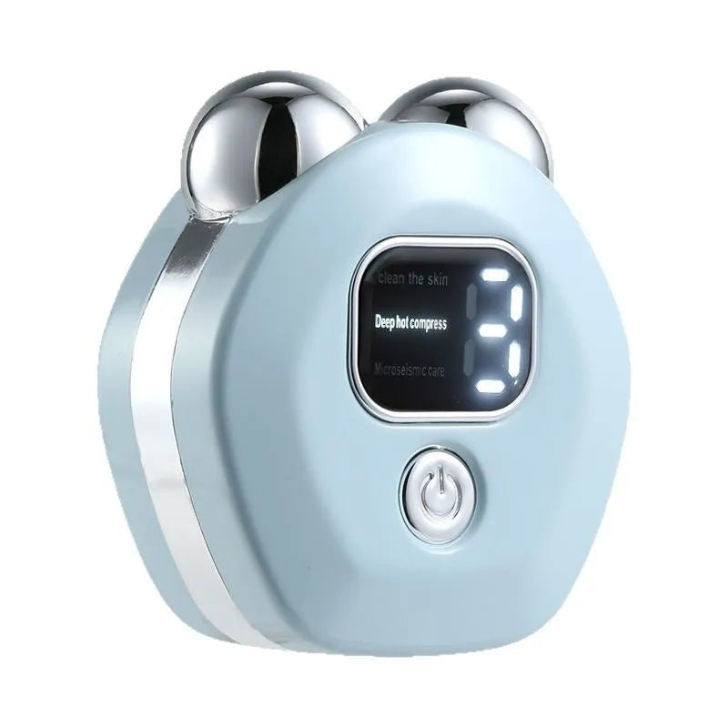Portable hot compress and micro-current facial massage instrument in white, light blue, and pink colours with charging cable.