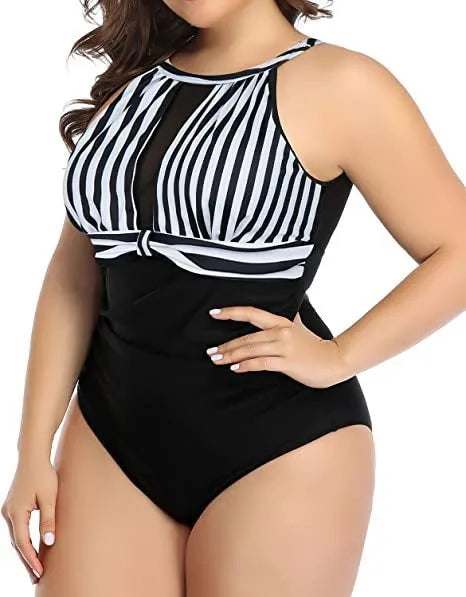 Women's black one-piece polyester swimsuit on a hanger, with red floral and striped versions shown.