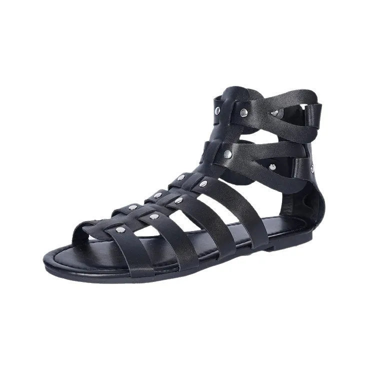 Women's flat plus size Roman sandals in black with back zipper and hollow out PU upper