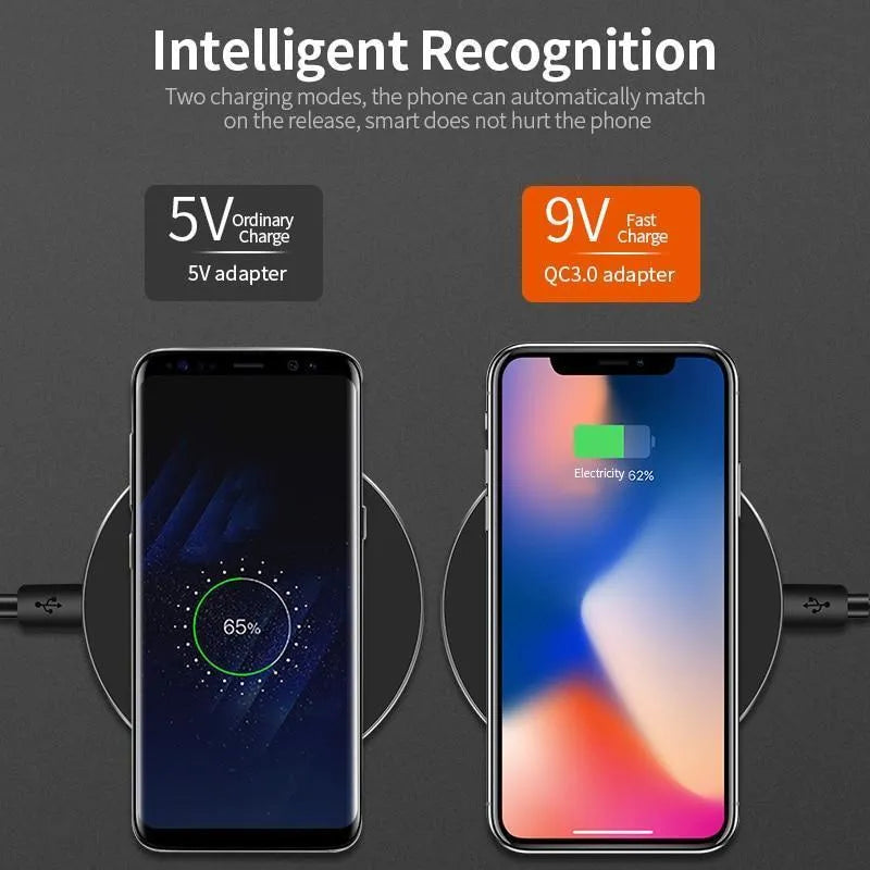 Black ultra-thin 98mm square wireless fast charging pad with USB cable for QI-enabled devices