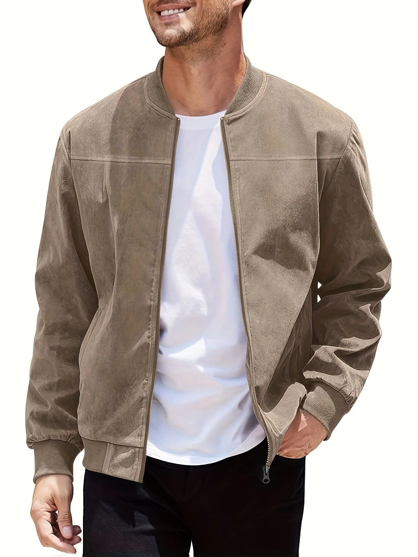 Men's plus size suede casual jacket in Army Green with zipper closure and regular fit.