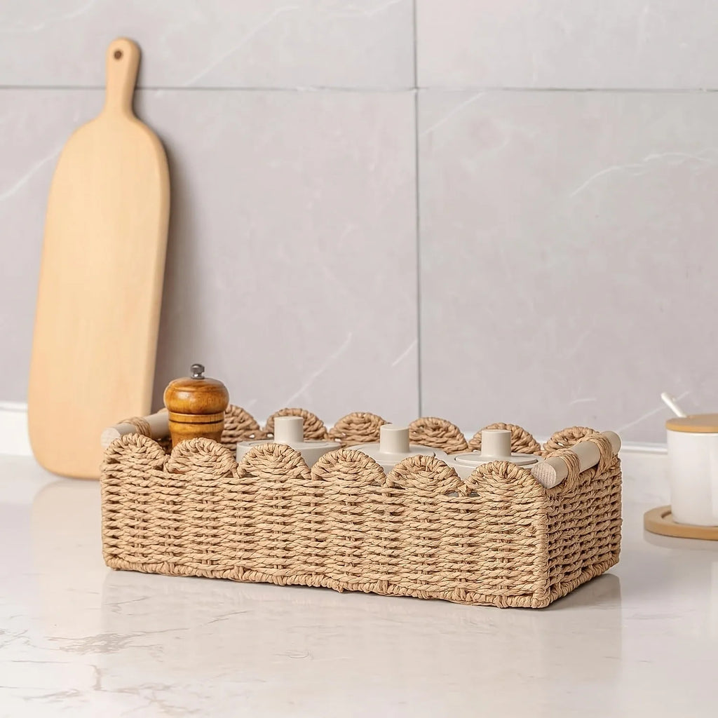 Woven paper storage basket measuring 35.5cm x 16cm x 10cm in khaki colour on desktop