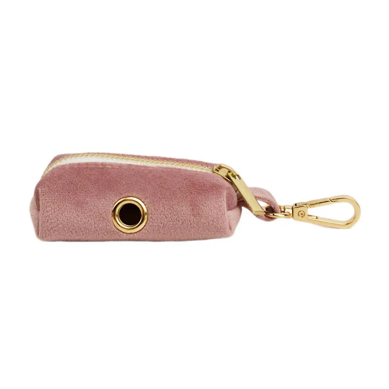 Light purple pink velvet dog collar set with leash, vest, bow, and poop bag accessories