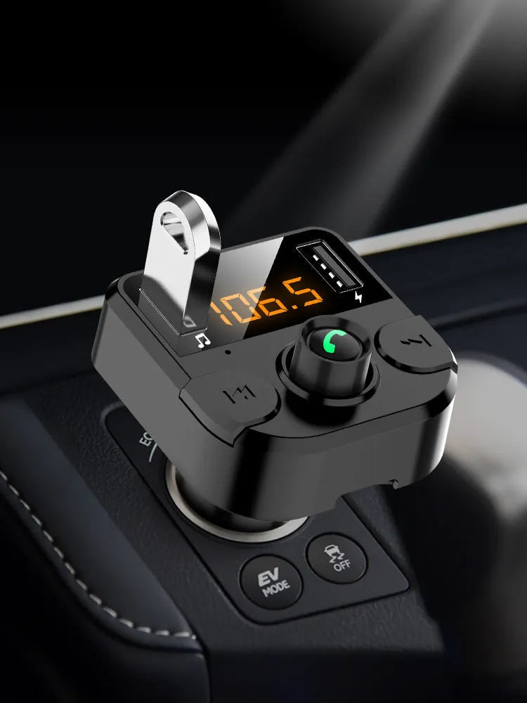 Black BT36B car MP3 Bluetooth player with 1.1-inch screen for cigarette lighter socket.