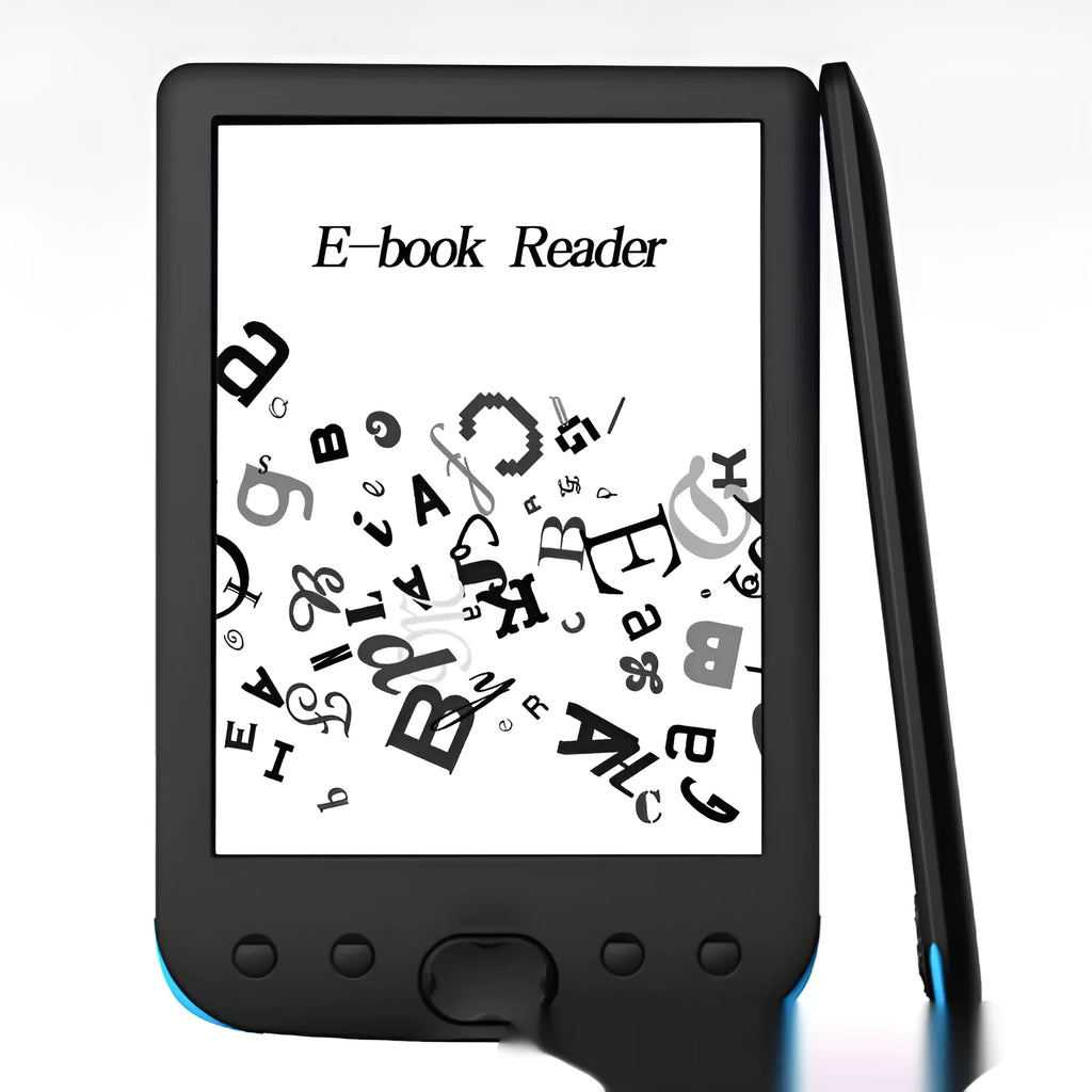 Black 6-inch E-ink screen e-book reader showing book display interface