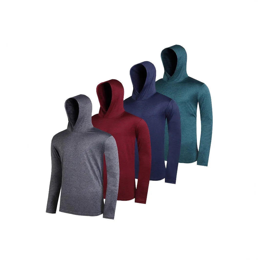 Pack of four men's lightweight hoodies in elastic polyester fibre, shown in various colours.