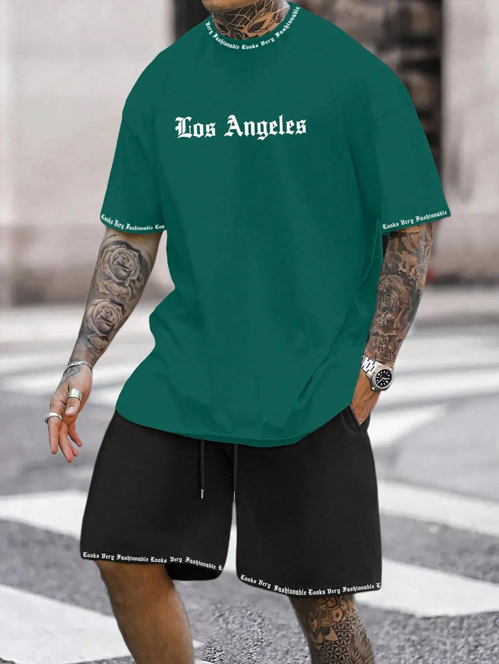Sports style short-sleeved shorts set with printing pattern in polyester blend fabric