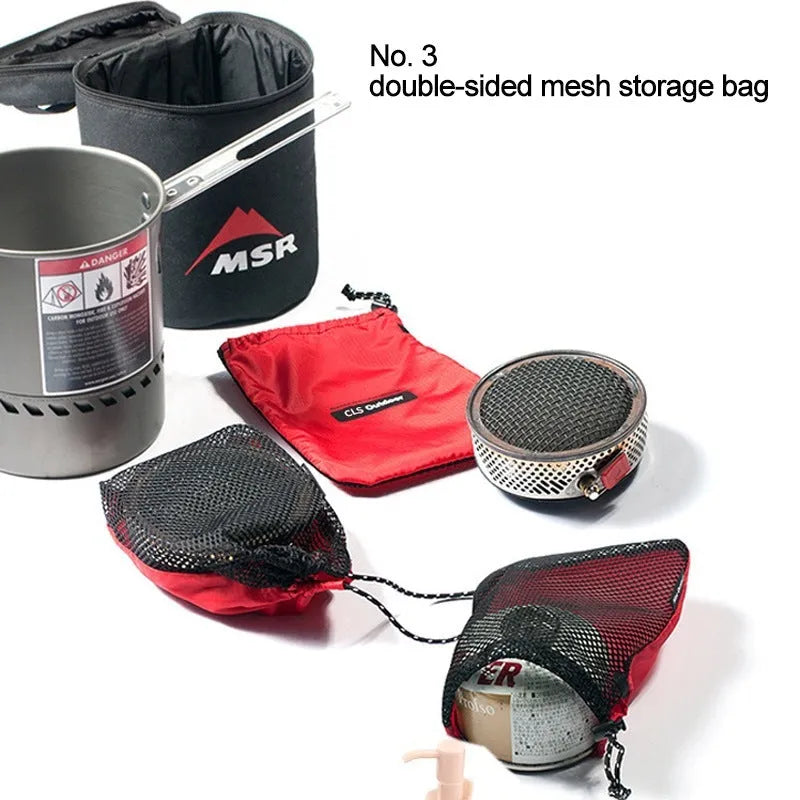 Set of five red outdoor travel storage bags with zippers and mesh panels.