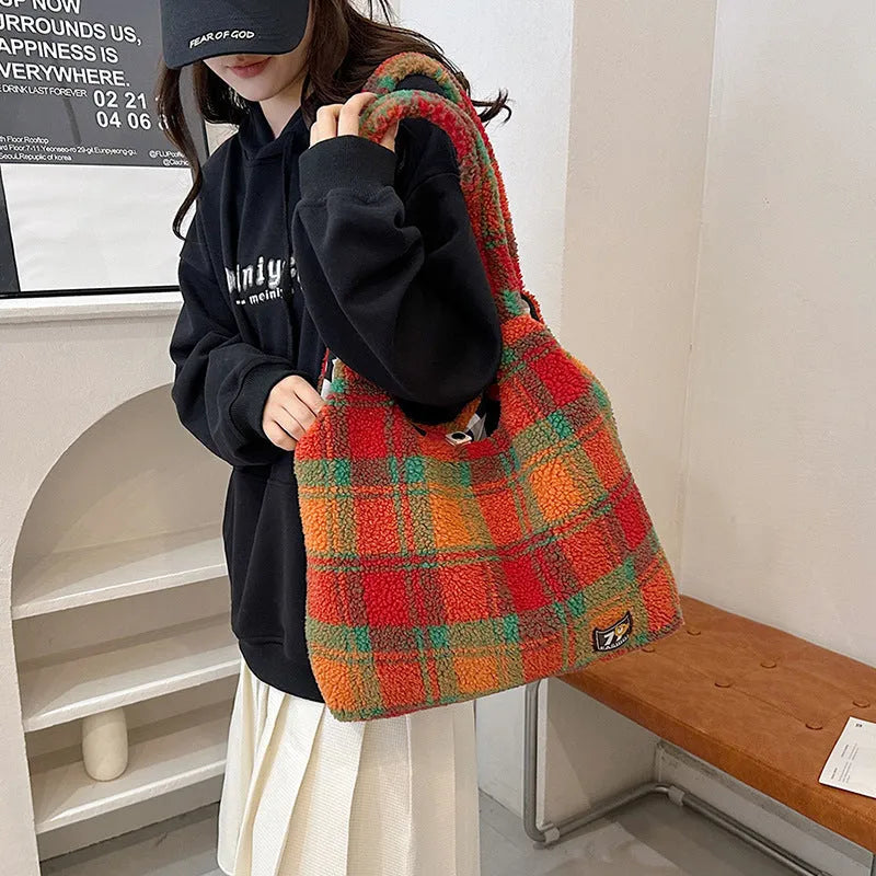 Women's plaid plush crossbody tote bag in Army Green, showing horizontal square shape and shoulder strap.