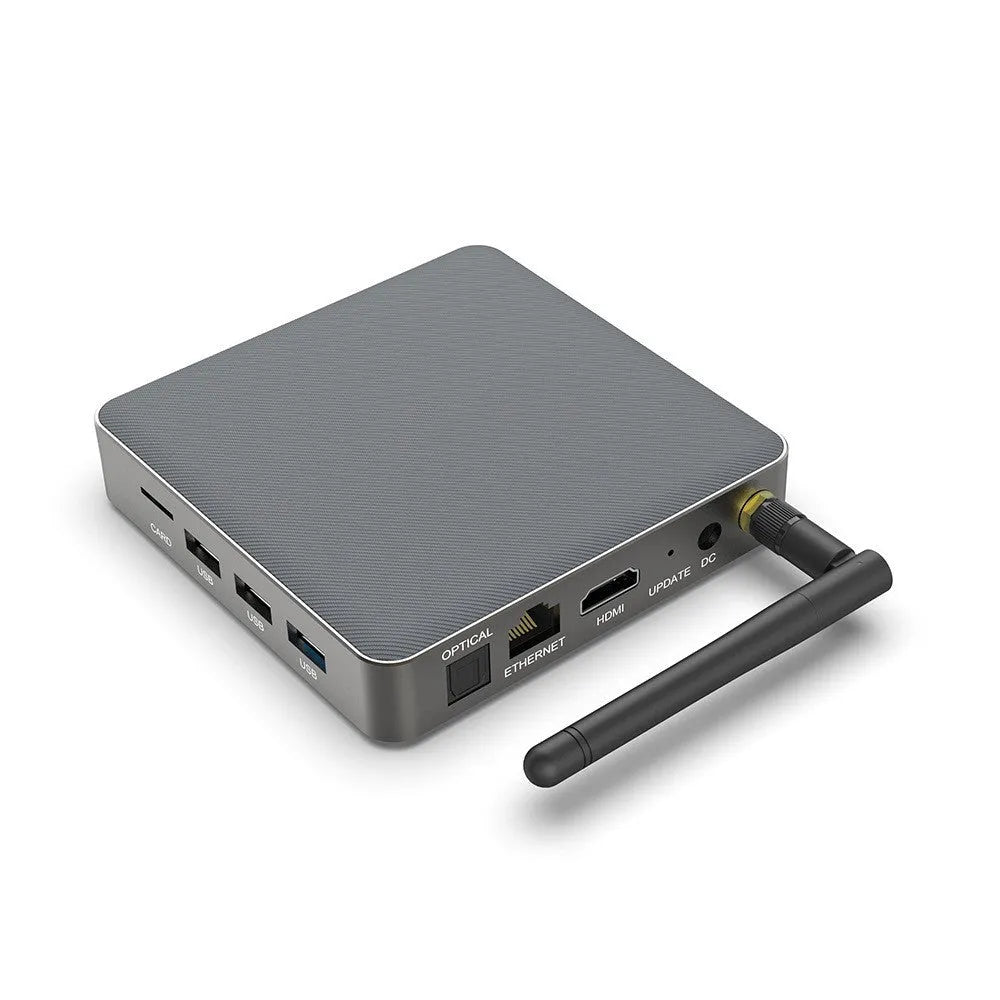 Android TV streaming box for 8K video with remote control and HDMI cable
