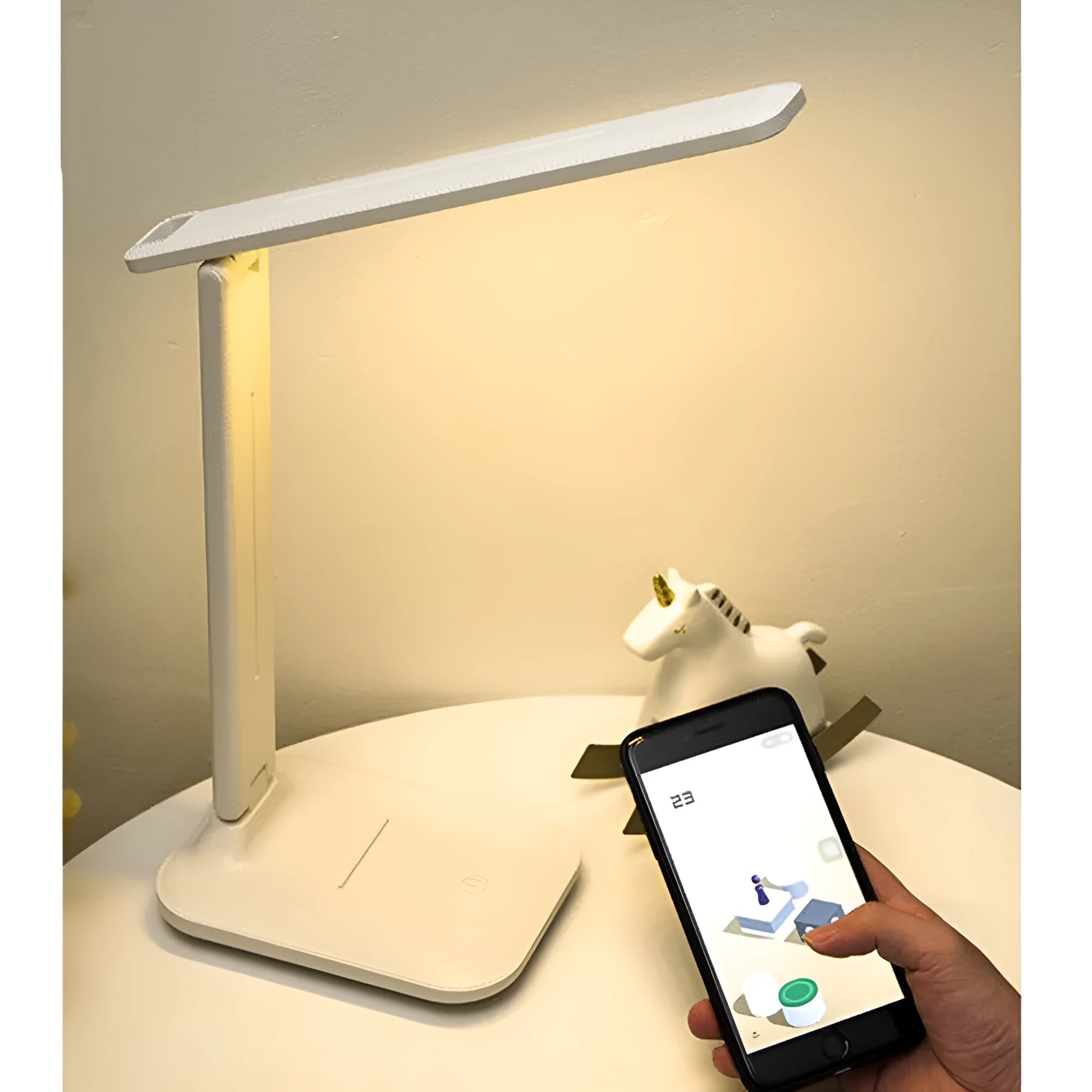 White touch-control bedside lamp with dimming settings for a child's bedroom