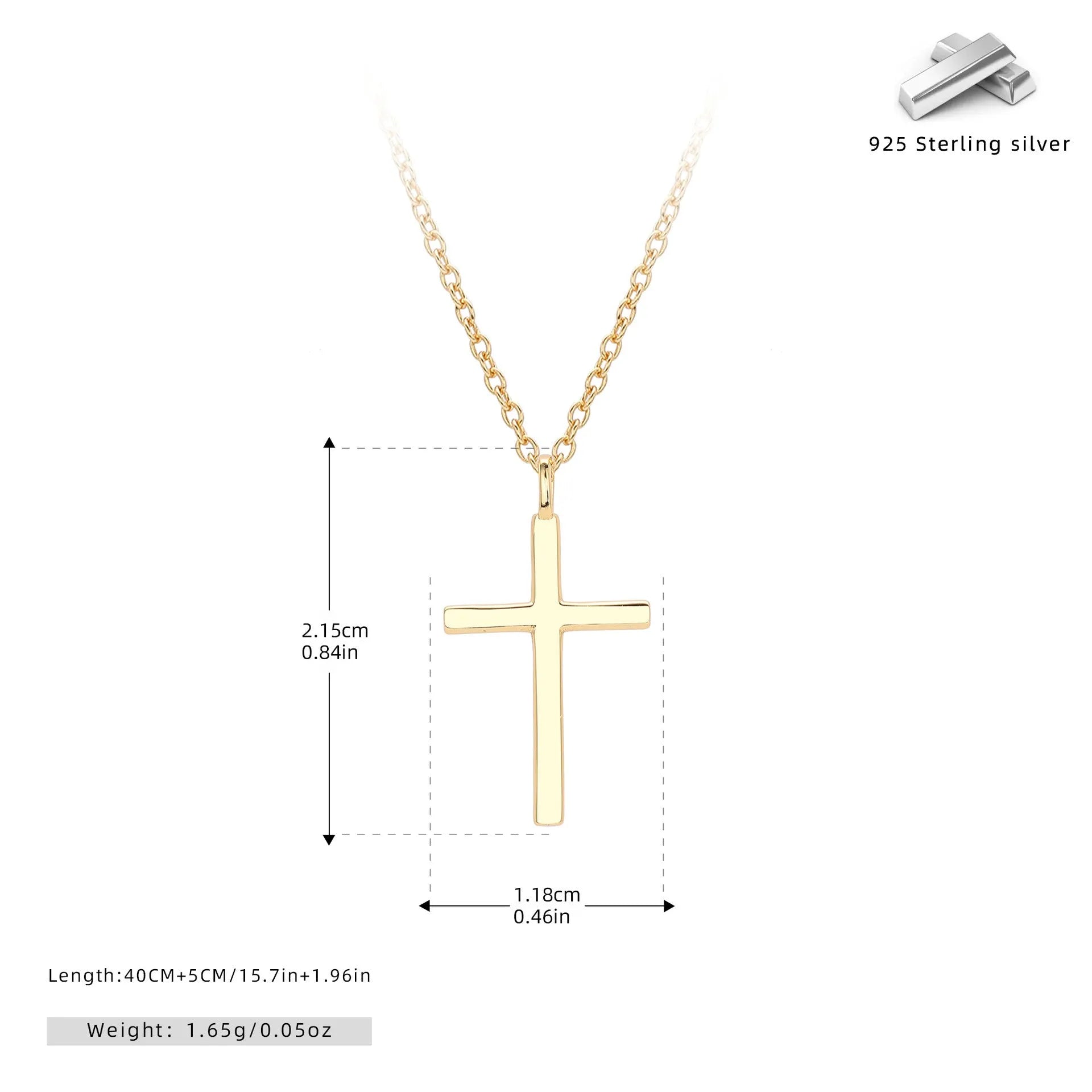 Sterling silver necklace with glossy cross pendant on O-shaped chain, adjustable length