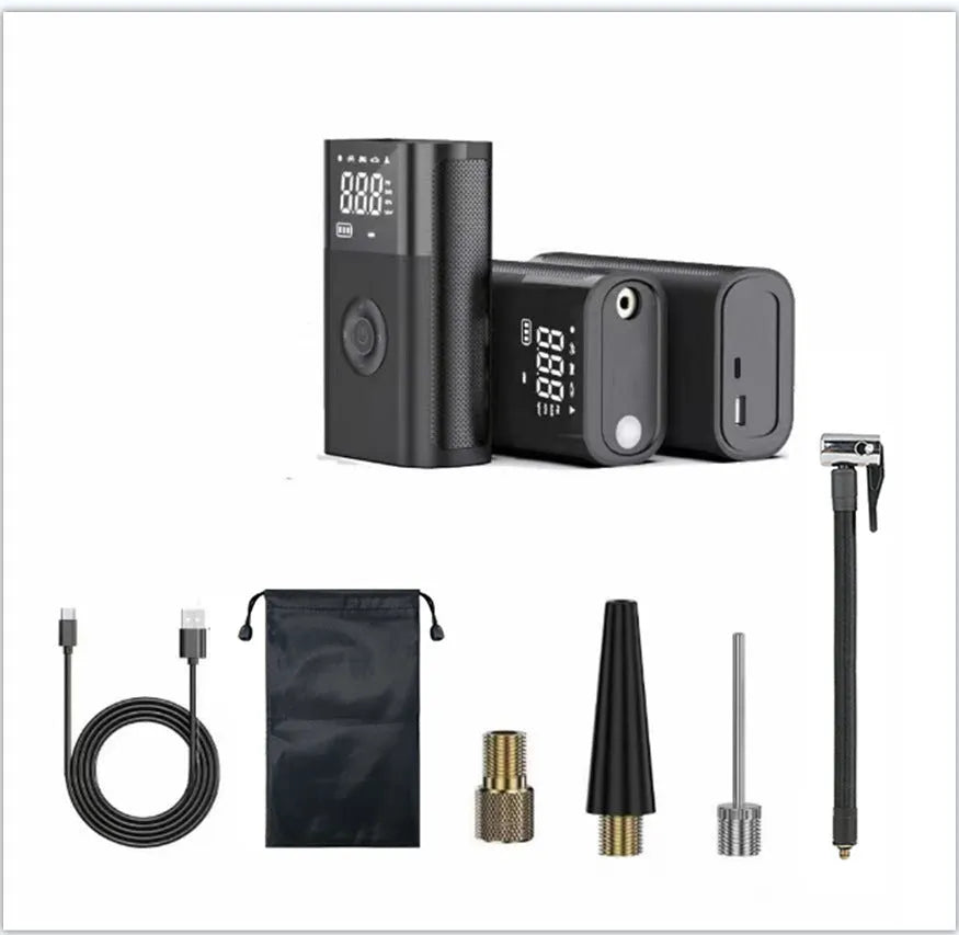 Wireless digital handheld tyre pump with LCD screen, black ABS body, and attached air hose with nozzles.