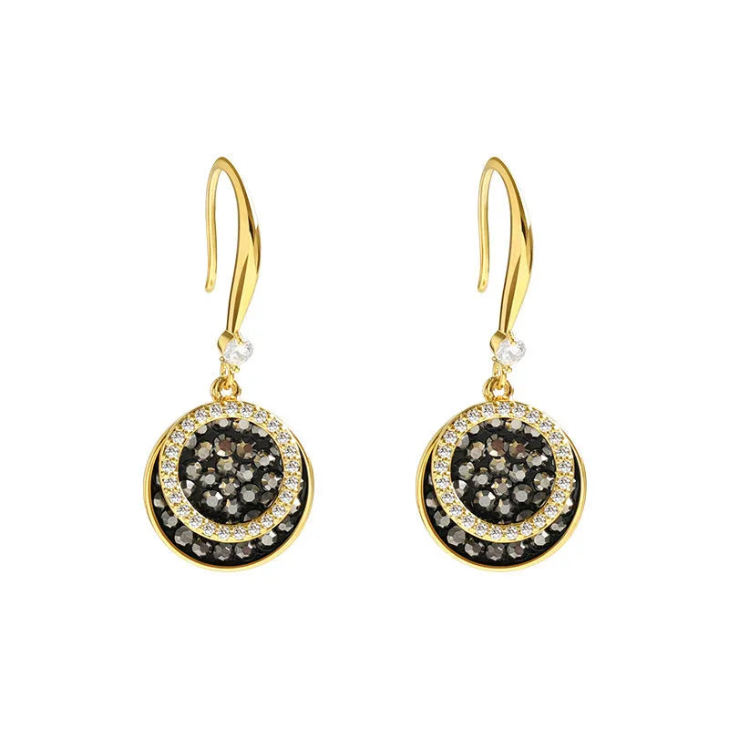 Black retro-style geometric round alloy earrings with a 3.6cm drop length.