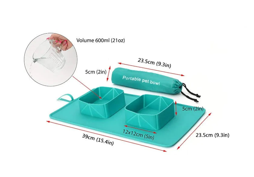 Double Foldable Silicone Dog Bowl for Medium to Large Dogs and Cats with 600ml Capacity Eco-Friendly Pet Bowl in Green or Grey 39 x 23.5 x 5 cm Portable Travel Bowl for Water and Food Easy Storage Jumps and Folds Flat Compact Design