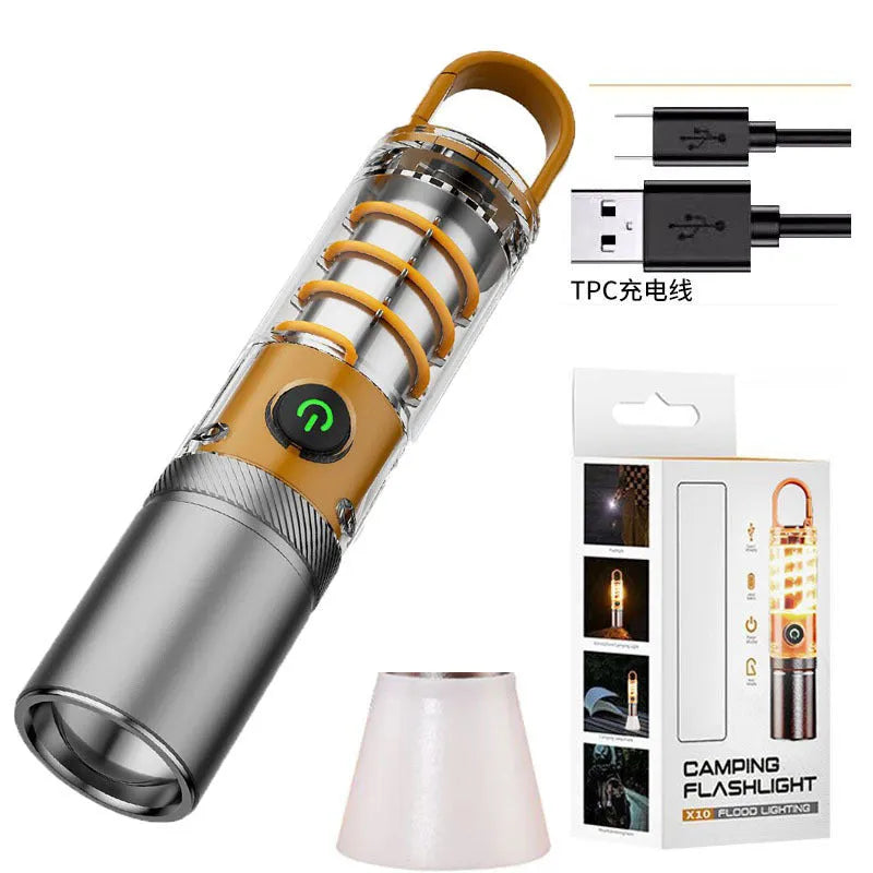 Orange and beige dual light source flashlights with optical zoom and keychain hooks