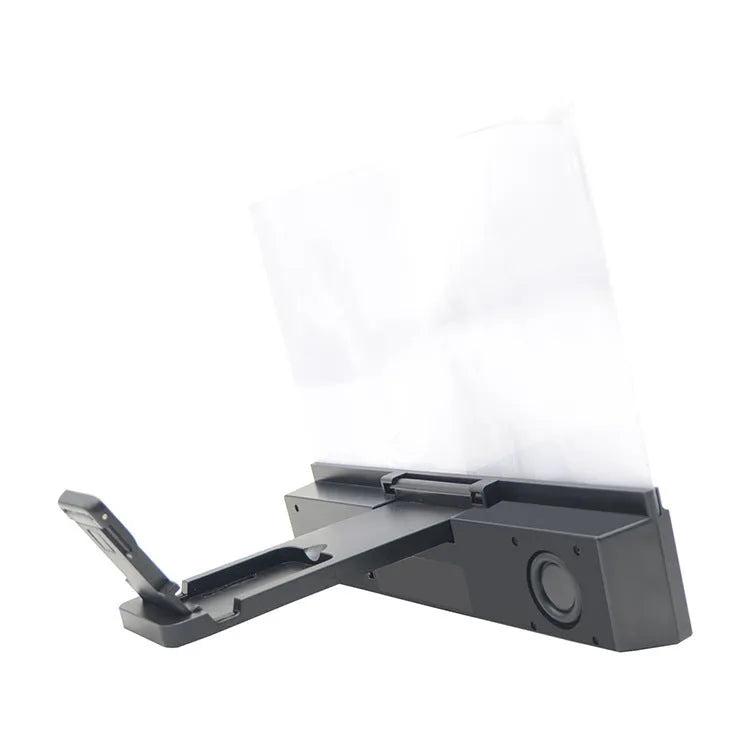 12-inch mobile phone screen amplifier with Bluetooth speaker and 18650 battery on a table.