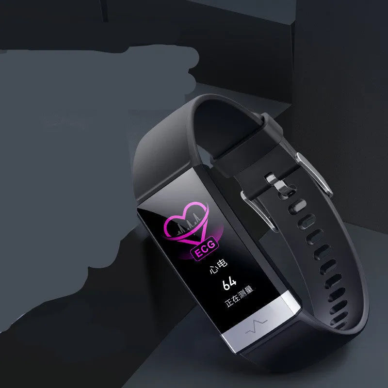 V19 smart health bracelet in black on wrist showing display with ECG, SpO2, and heart rate data.