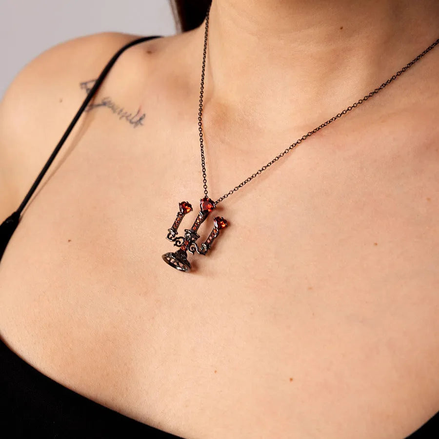 Zinc alloy clavicle necklace with hollow candlestick pendant and gothic cross chain in retro finish