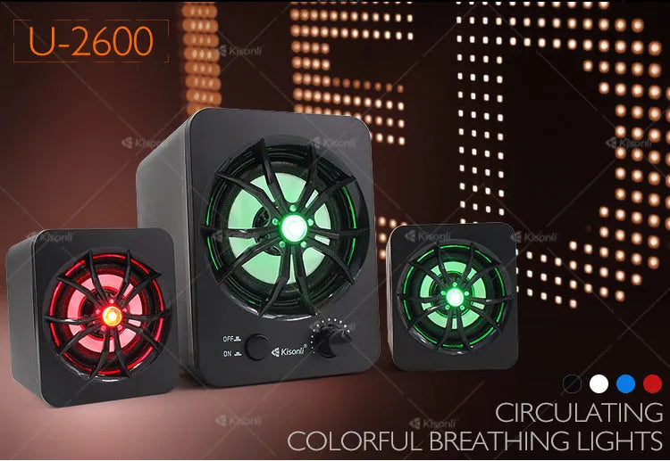 Green U-2600 mini portable 2.1 USB computer speaker with LED lights and dual connectivity ports