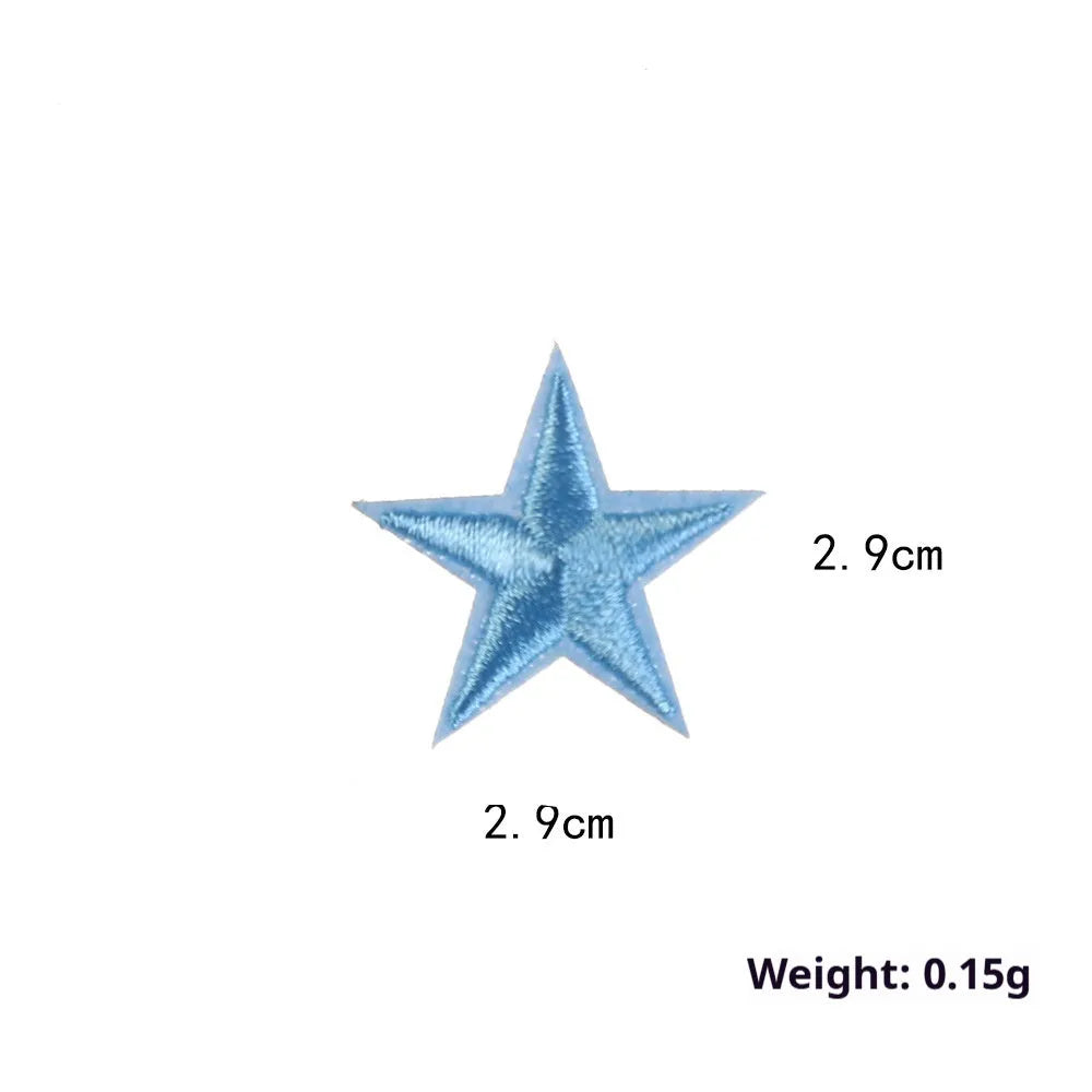 Colourful embroidered five-pointed star designs on cloth sticker labels for DIY clothing customisation.