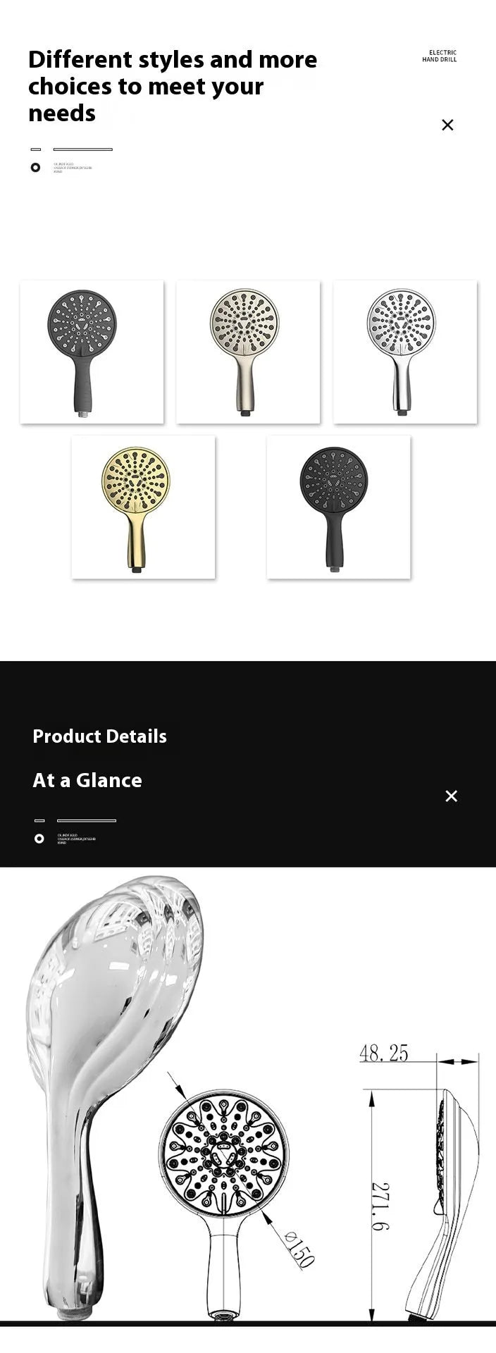 Six-function handheld shower head with chrome finish and 6-inch diameter