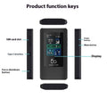 Black portable 5G Wi-Fi router with LCD display screen showing signal status.