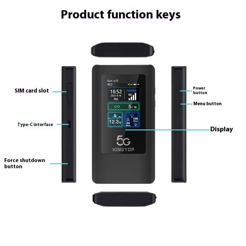 Black portable 5G Wi-Fi router with LCD display screen showing signal status.
