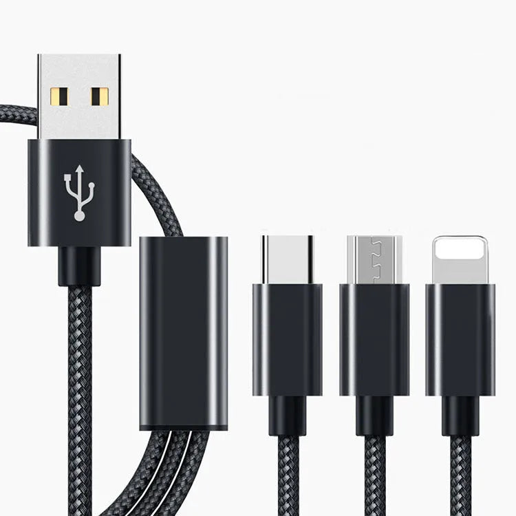 Three-in-one mobile phone charging cable with Micro USB, Type-C and Lightning connectors in various colours