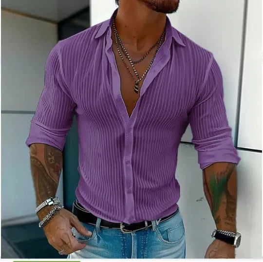 Men's striped cardigan shirt with long sleeves in loose fit British style design