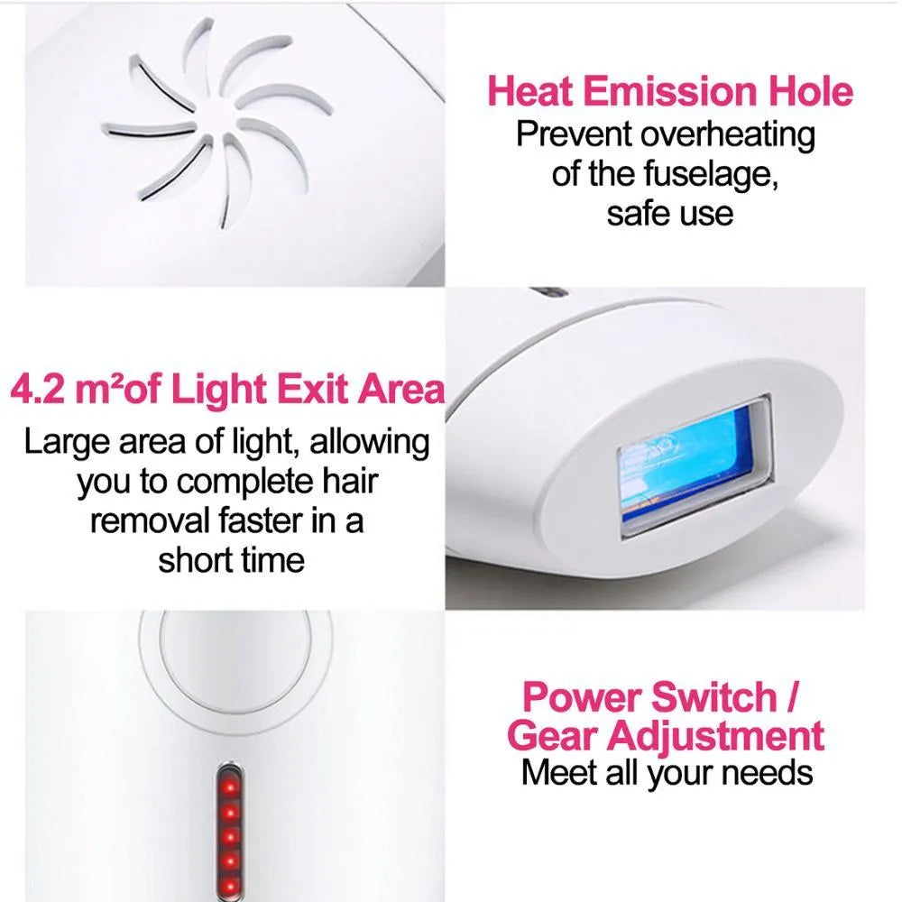 White home laser hair removal device with display screen and power adapter on a plain background.