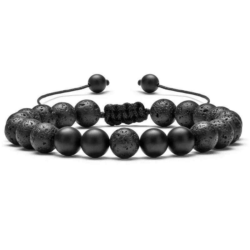 Pair of matte black agate bead bracelets with geometric design for couples.