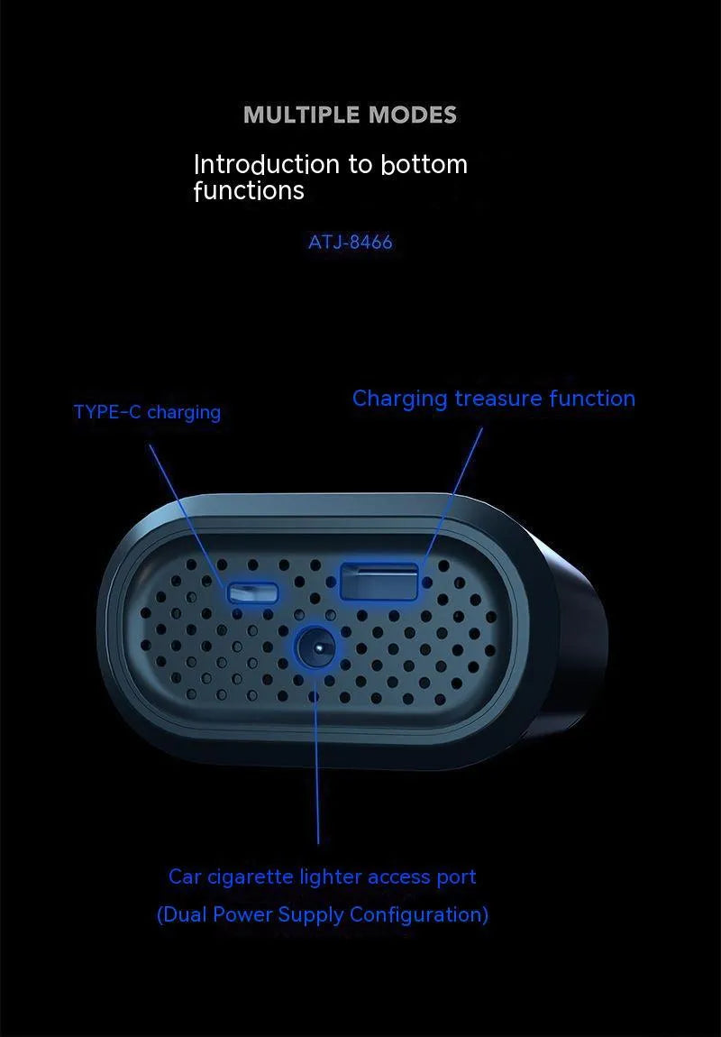 Black handheld digital wireless air pump with LED display and connected air hose on a grey background.