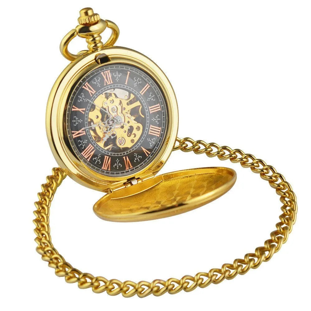 Retro floral print automatic mechanical pocket watch with transparent case back in gold finish.