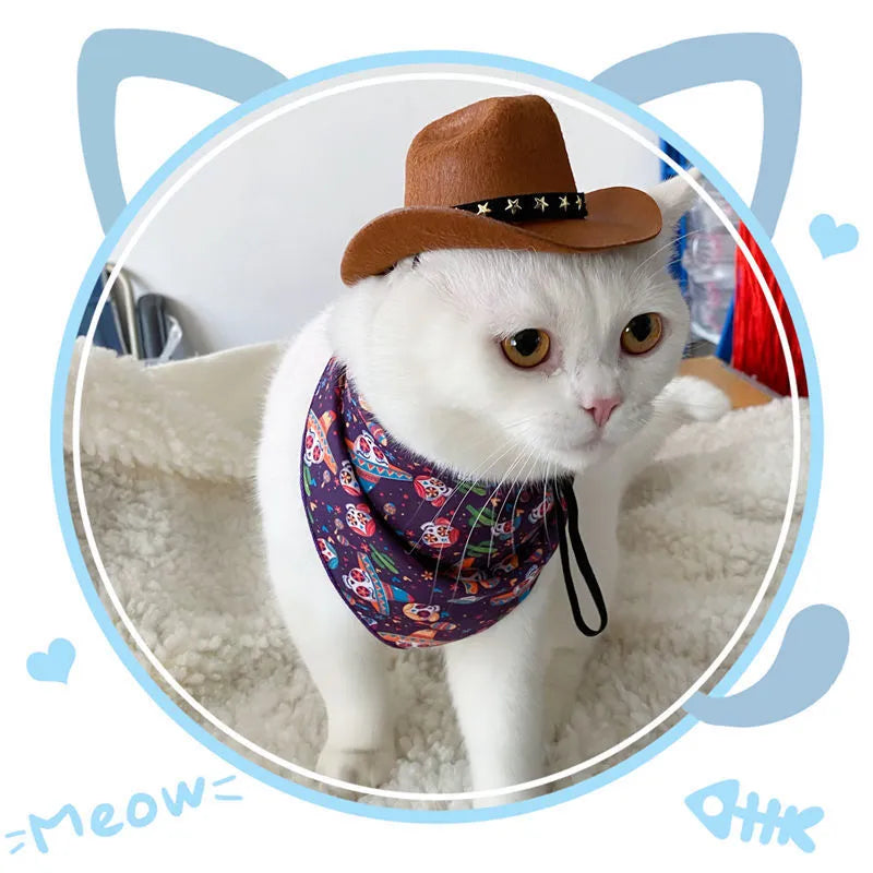 British cowboy-style hat for a cat on a mannequin head, showing brown colour with a black ribbon trim.