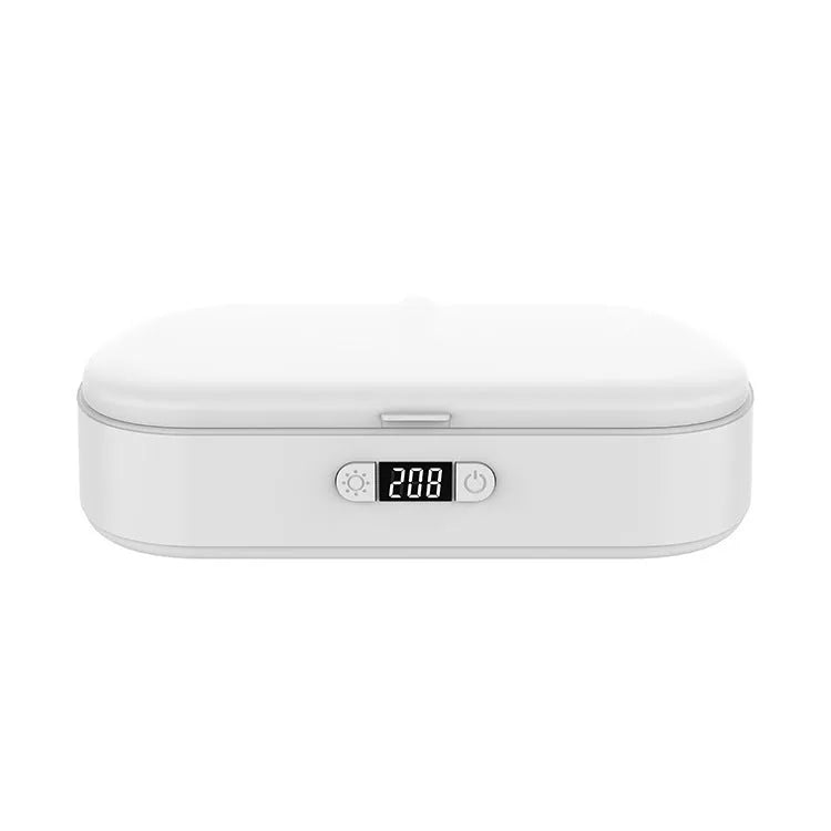 White ABS plastic wireless UV sterilizer box with disinfection chamber and wireless charging pad.