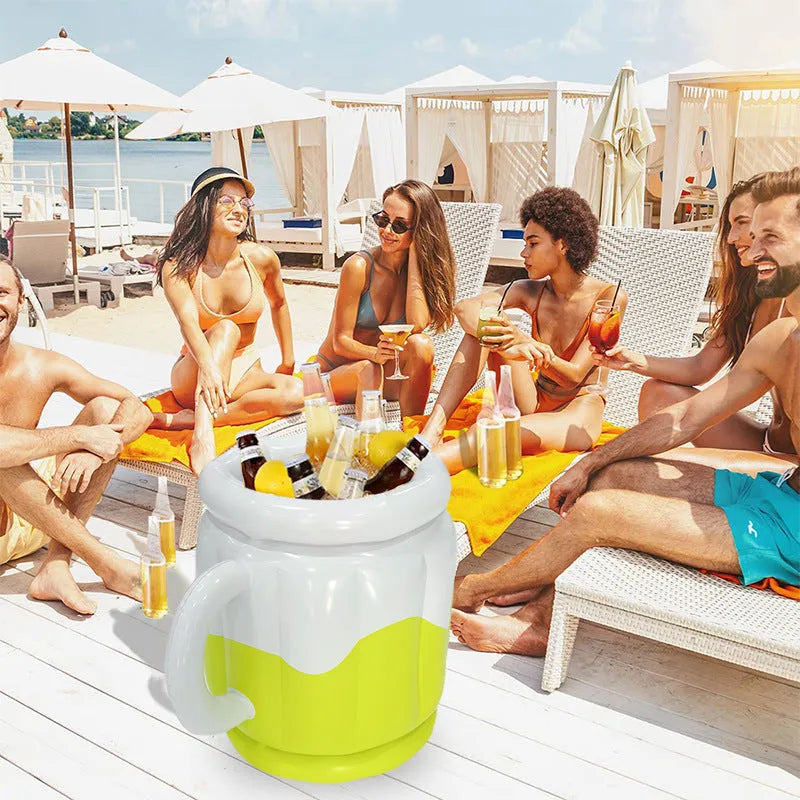 Yellow inflatable PVC ice bucket designed for cooling beer steins at outdoor events.