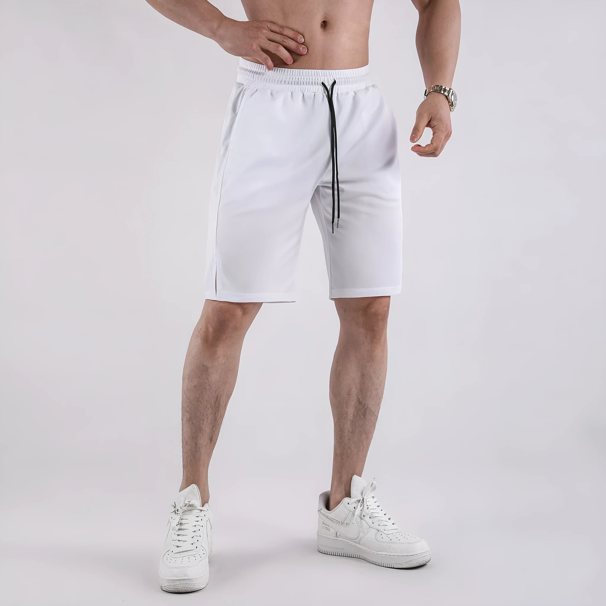Men's black mesh fitness shorts with quick-drying fabric and mid-waist loose casual design