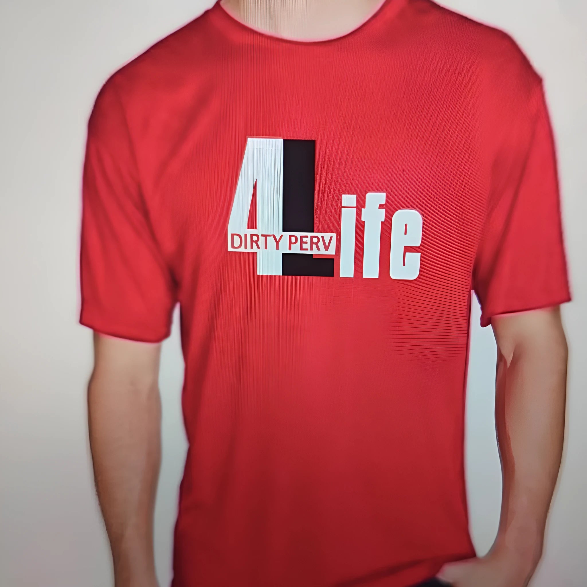 A red men's loose-fit cotton t-shirt with short sleeves and a round neck, featuring a screen print graphic.