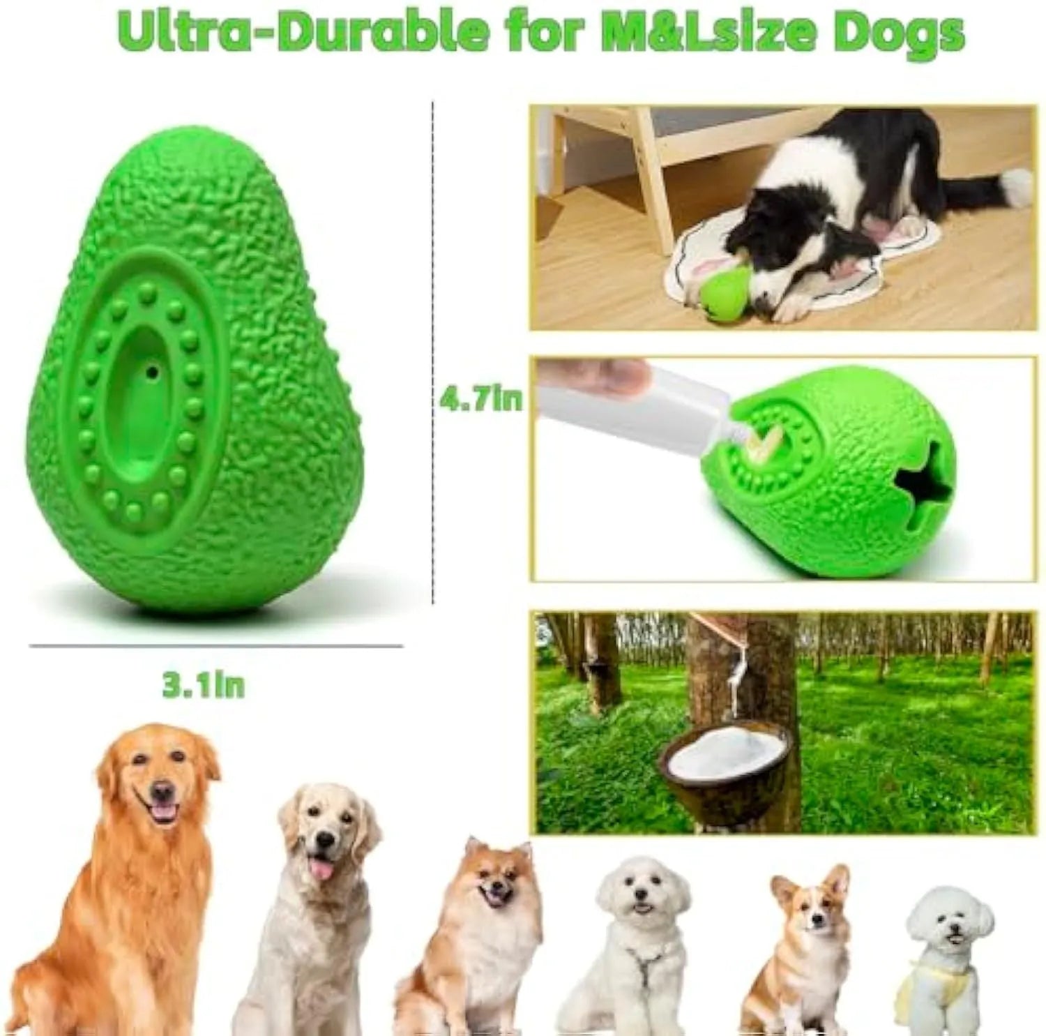 Green avocado-shaped heavy-duty rubber dog chew toy for aggressive chewers and large breeds